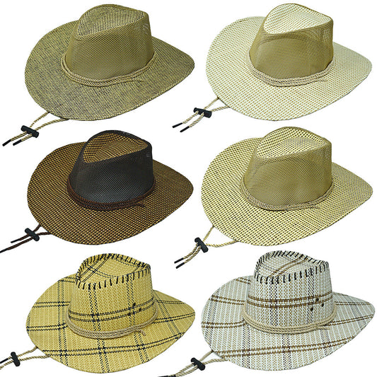 Unisex Cowboy Panama Fedora Bucket Straw Hat Wide Brim Mesh Top Cool Cap