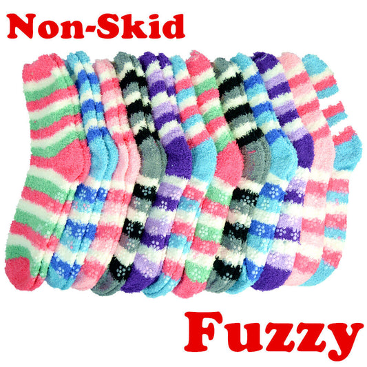 Women's 4-12 Pairs Soft Cozy Fuzzy Socks Non-Skid Striped Plush Home Slipper Socks