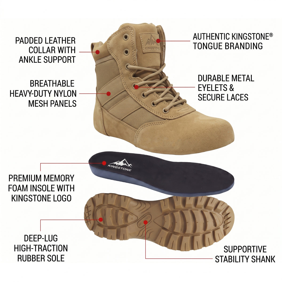 Kingstone Men Ankle High Tactical Work Shoes Military Combat Boots Waterproof Leather Oil-Resistant Sole