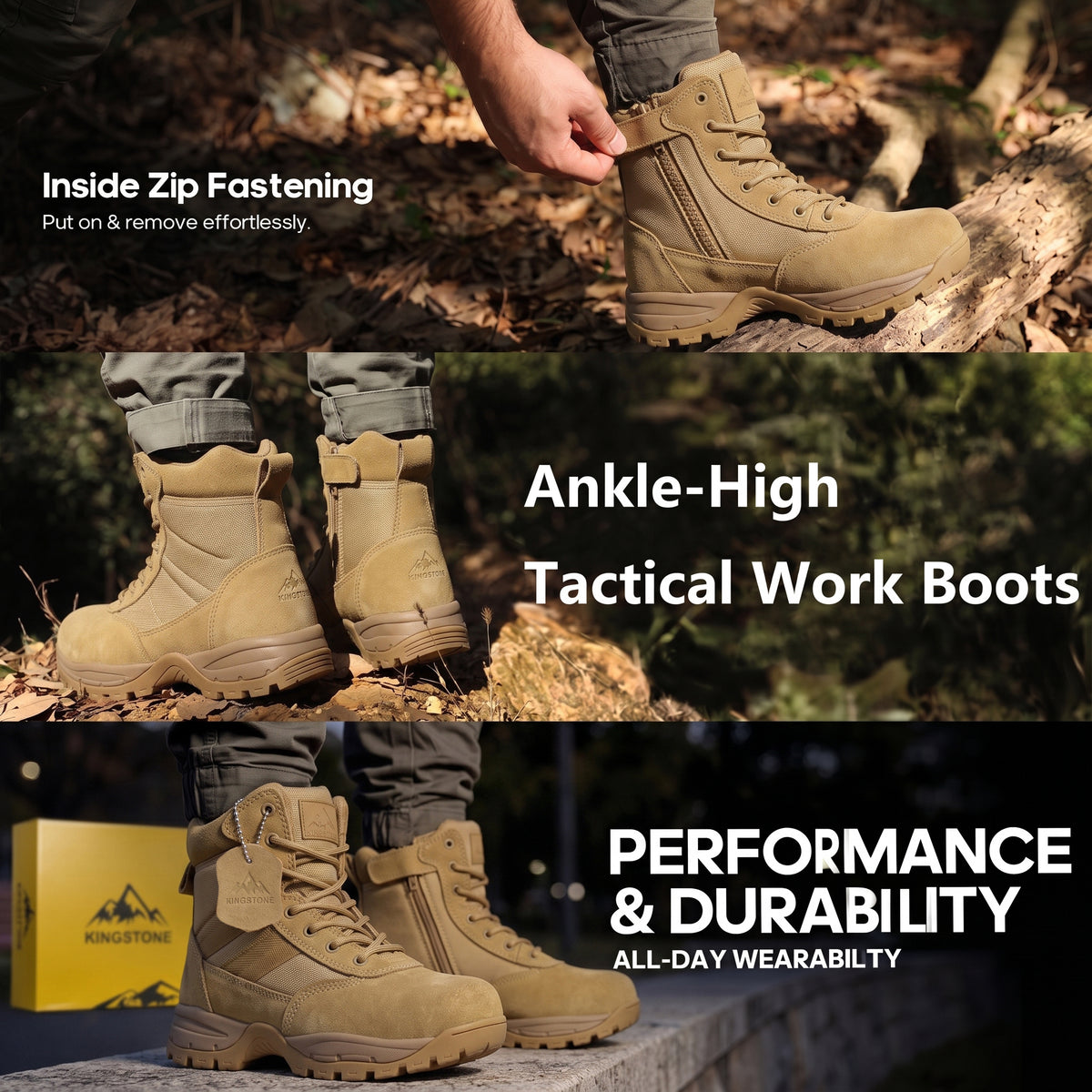 Kingstone Men Ankle High Tactical Work Shoes Military Combat Boots Waterproof Leather Oil-Resistant Sole