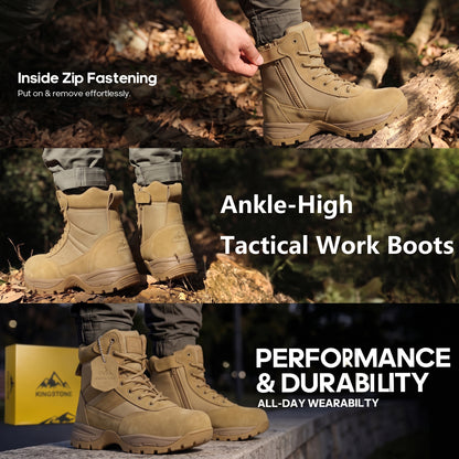 Kingstone Men Ankle High Tactical Work Shoes Military Combat Boots Waterproof Leather Oil-Resistant Sole