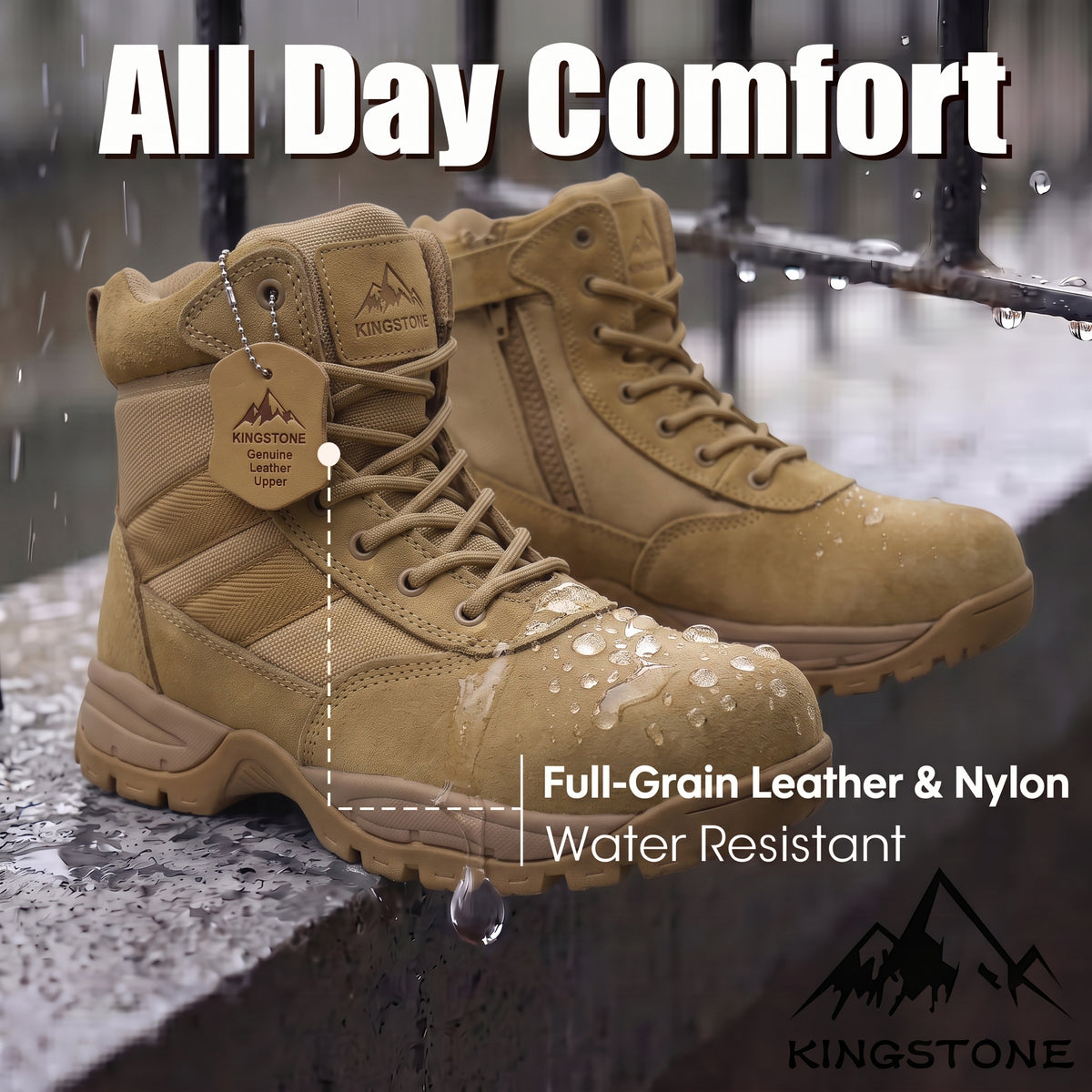 Kingstone Men Ankle High Tactical Work Shoes Military Combat Boots Waterproof Leather Oil-Resistant Sole
