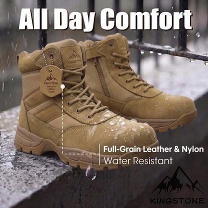Kingstone Men Ankle High Tactical Work Shoes Military Combat Boots Waterproof Leather Oil-Resistant Sole