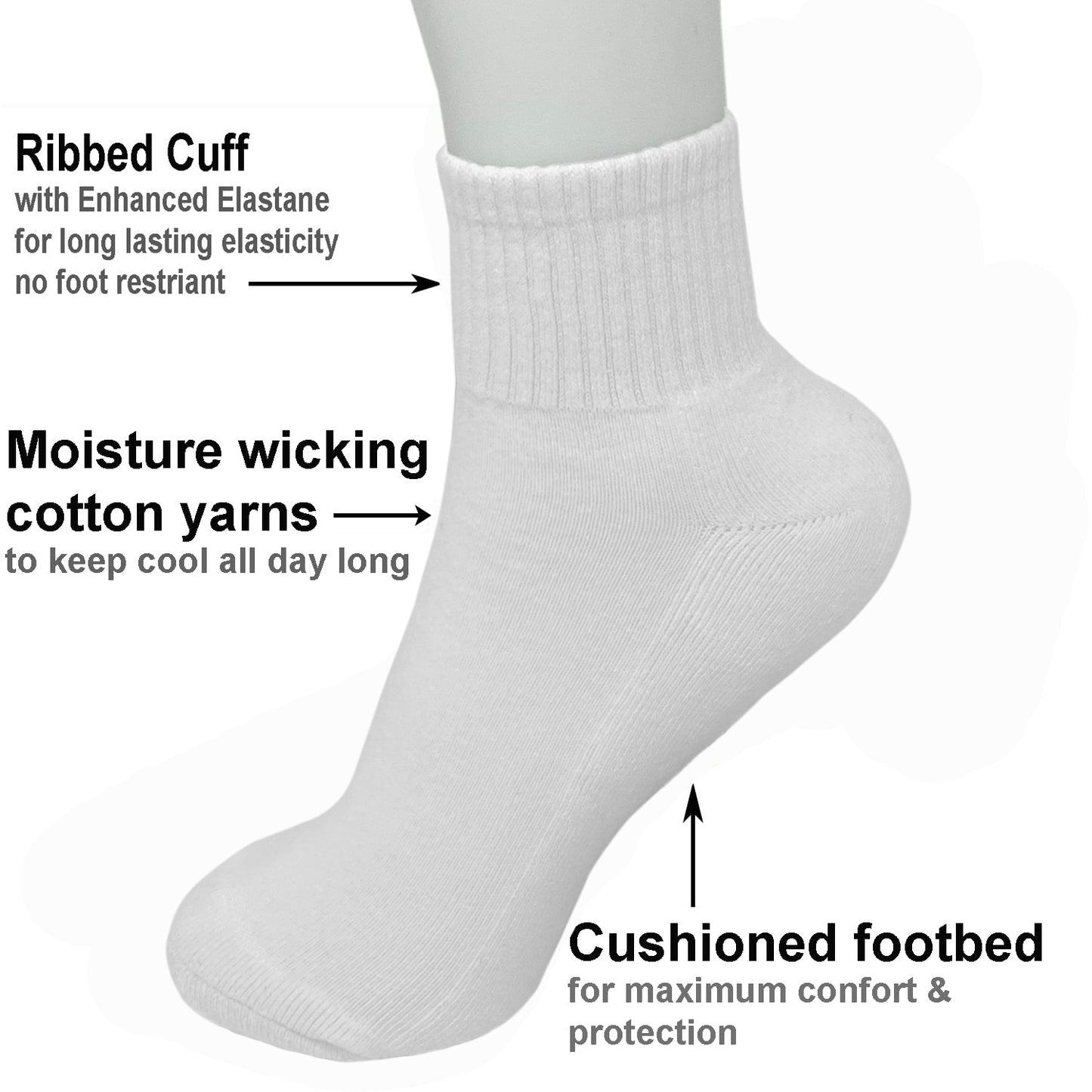 Women's 12 Pairs Cotton Solid Athletic Ankle Quarter Socks with Cushioning Size 9-11