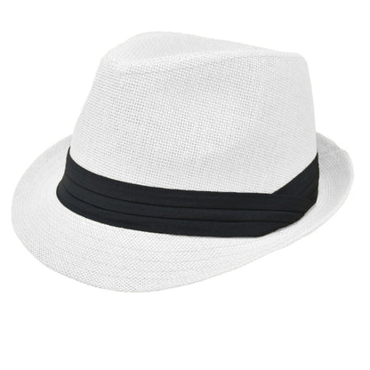 Men Women Summer Fedora Panama Hat Trilby Cuban Straw Sun Hats Short Brim with Black Band