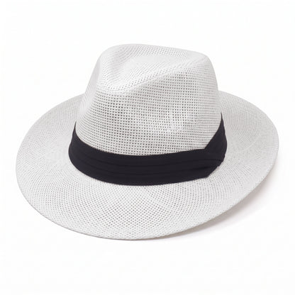Men Women Summer Fedora Panama Hat Trilby Cuban Paper Straw Sun Hats Wide Brim with Black Band