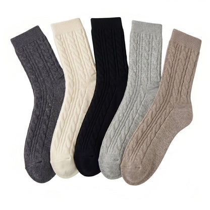 5 Pairs Women Classic Cable Knit Crew Socks Assorted Colors Mid Calf Boots Casual Socks
